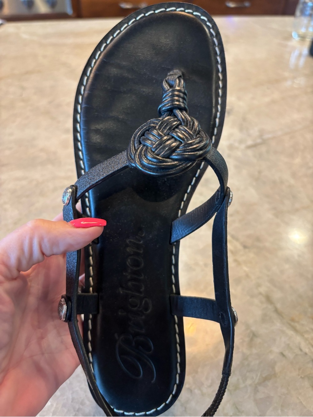 Brighton Black Braided Knot Toe-Loop Sandal with Button Accents